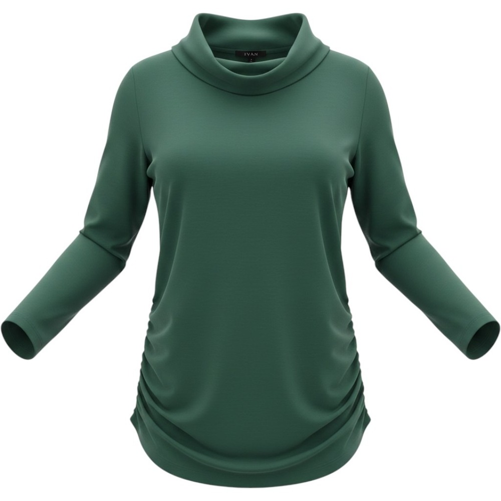 IMAN Global Chic Top Womens L Green Cowl Neck Ruched Side Long Sleeve Modern